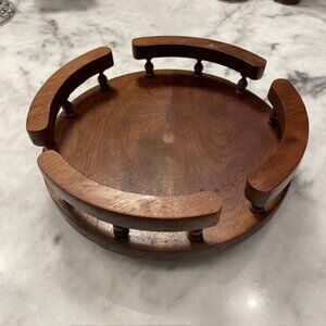 Vintage Lazy Susan Wood Round Turntable Rotating Tray Spindle Railing - 11 inch